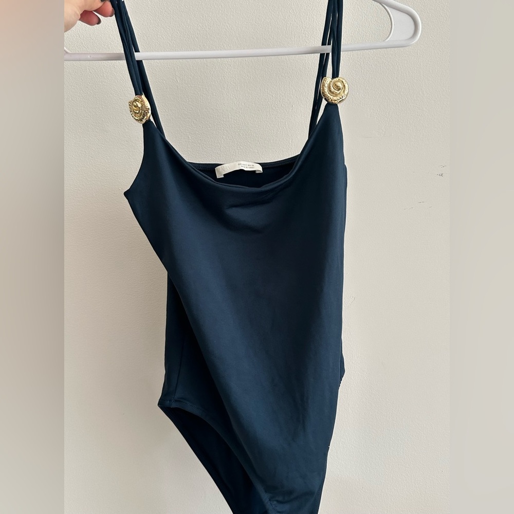 ZARA- Navy blue bodysuit with gold seashell hardware
